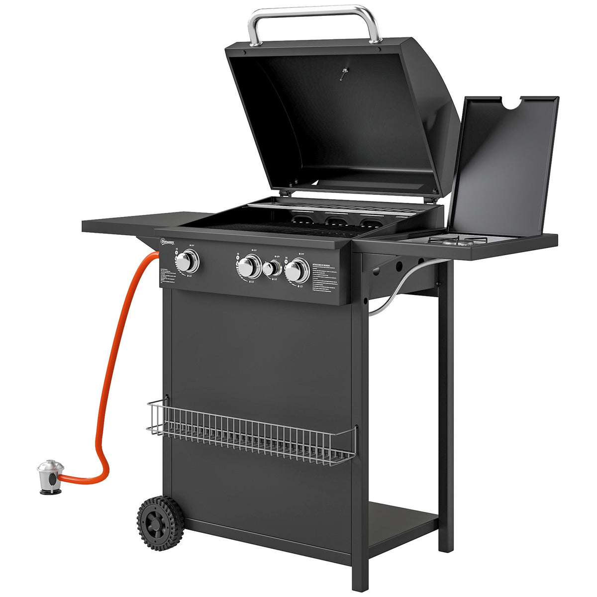 Gas grill 9.5 KW grill cart including 4 burners side cooker roll pressure reducer gas hose lid 2 heating zones thermometer side shelves, BBQ garden grill for balcony, grill 123x57x98 cm |