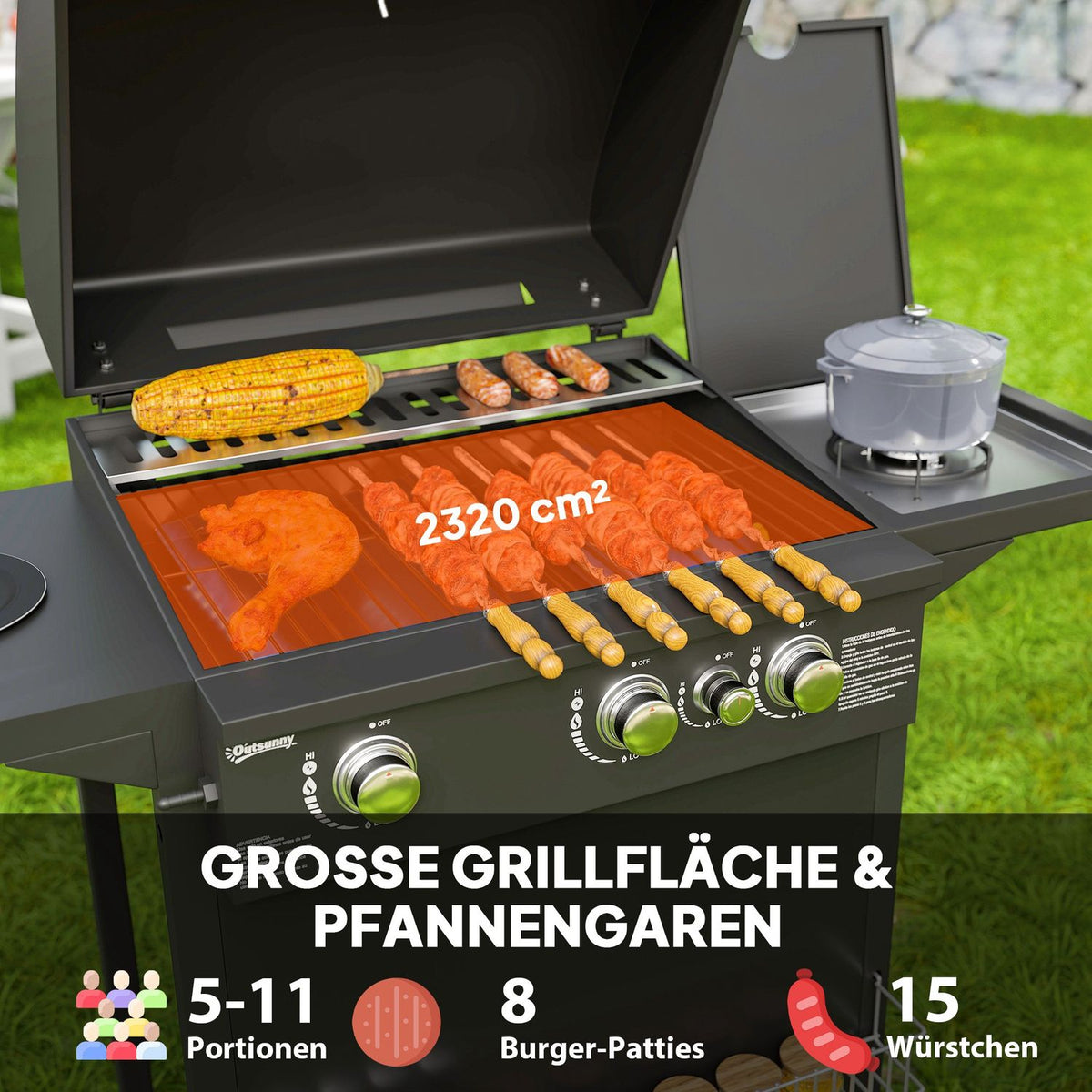 Gas grill 9.5 KW grill cart including 4 burners side cooker roll pressure reducer gas hose lid 2 heating zones thermometer side shelves, BBQ garden grill for balcony, grill 123x57x98 cm |