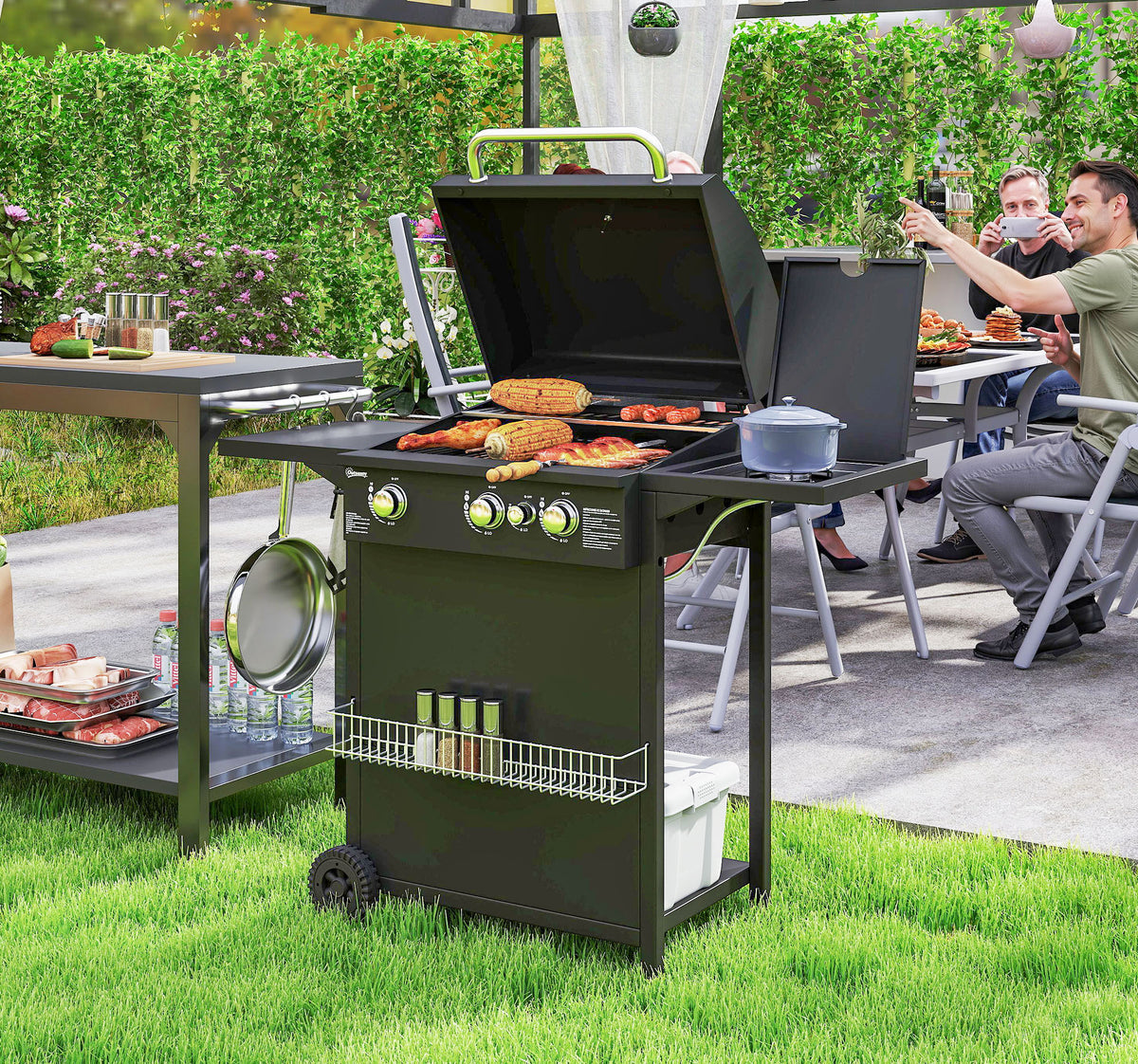 Gas grill 9.5 KW grill cart including 4 burners side cooker roll pressure reducer gas hose lid 2 heating zones thermometer side shelves, BBQ garden grill for balcony, grill 123x57x98 cm |