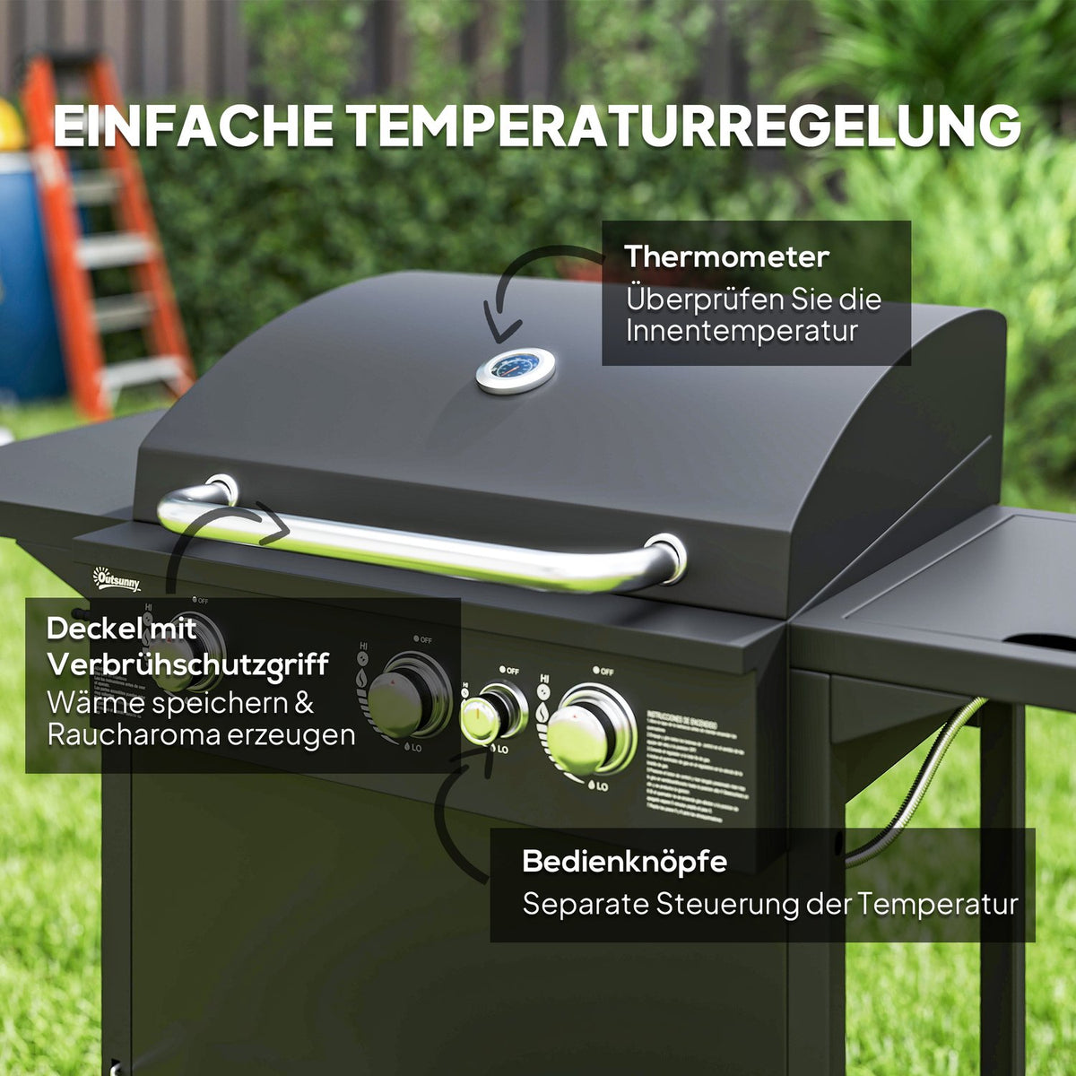 Gas grill 9.5 KW grill cart including 4 burners side cooker roll pressure reducer gas hose lid 2 heating zones thermometer side shelves, BBQ garden grill for balcony, grill 123x57x98 cm |