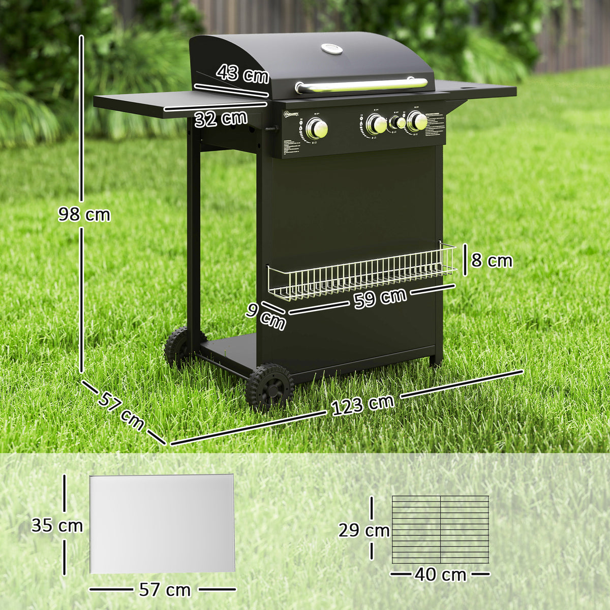 Gas grill 9.5 KW grill cart including 4 burners side cooker roll pressure reducer gas hose lid 2 heating zones thermometer side shelves, BBQ garden grill for balcony, grill 123x57x98 cm |