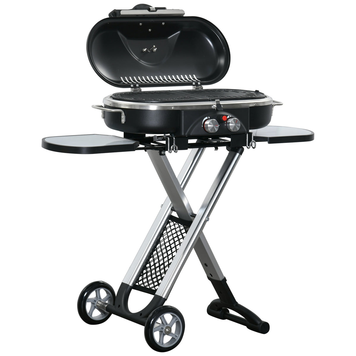 Gas grill BBQ grill cart foldable with 2 burners and grill net, stainless steel black silver, side shelf with wheels, 2.34 kW, 100x41.6x82.5cm