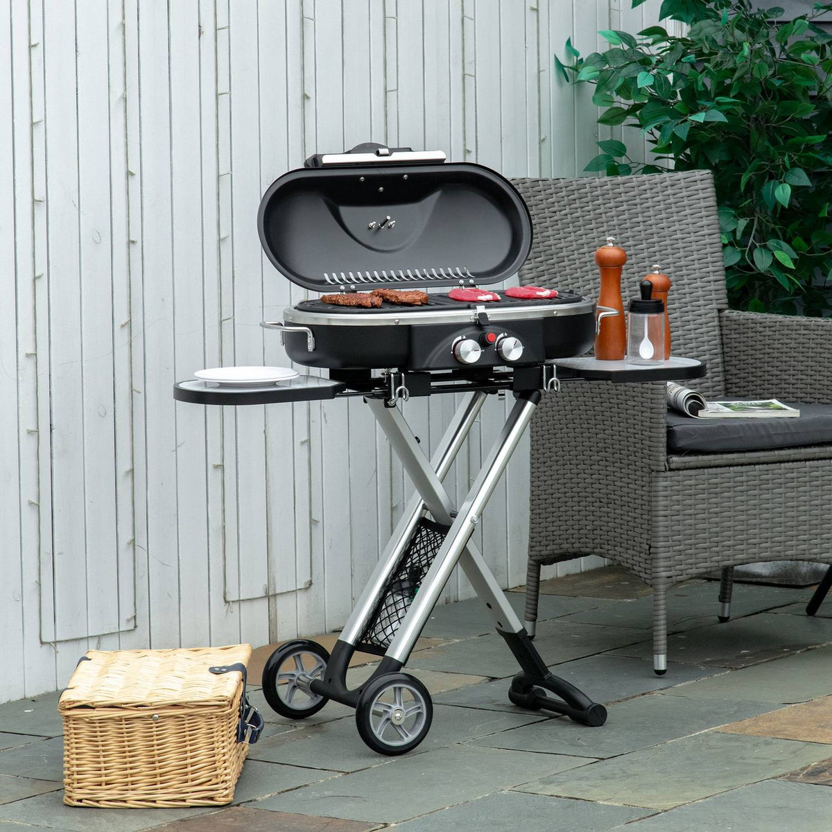 Gas grill BBQ grill cart foldable with 2 burners and grill net, stainless steel black silver, side shelf with wheels, 2.34 kW, 100x41.6x82.5cm