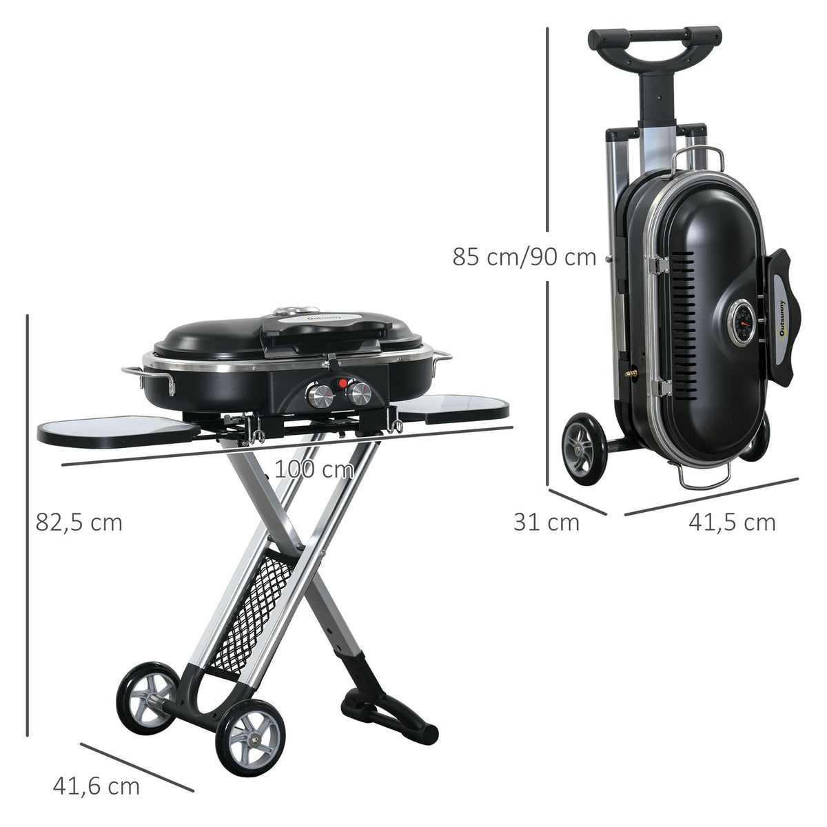Gas grill BBQ grill cart foldable with 2 burners and grill net, stainless steel black silver, side shelf with wheels, 2.34 kW, 100x41.6x82.5cm