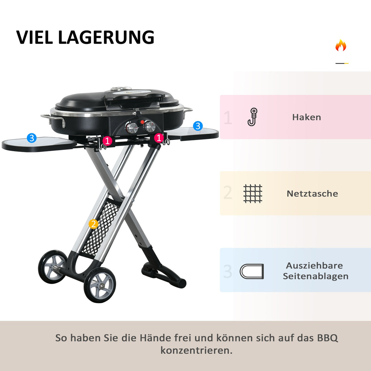 Gas grill BBQ grill cart foldable with 2 burners and grill net, stainless steel black silver, side shelf with wheels, 2.34 kW, 100x41.6x82.5cm