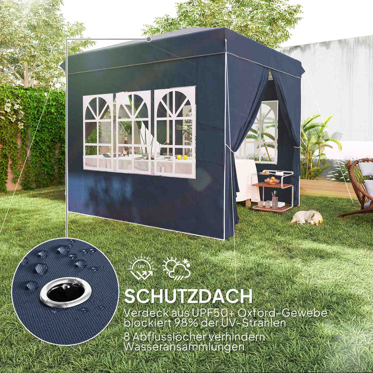 Gazebo 2.5 x 2.5 m, water-repellent, stable, winter-proof pop-up folding gazebo, UV protection 50+, foldable party tent, garden tent with 4 side panels, pocket garden gazebo for camping, garden, dark blue