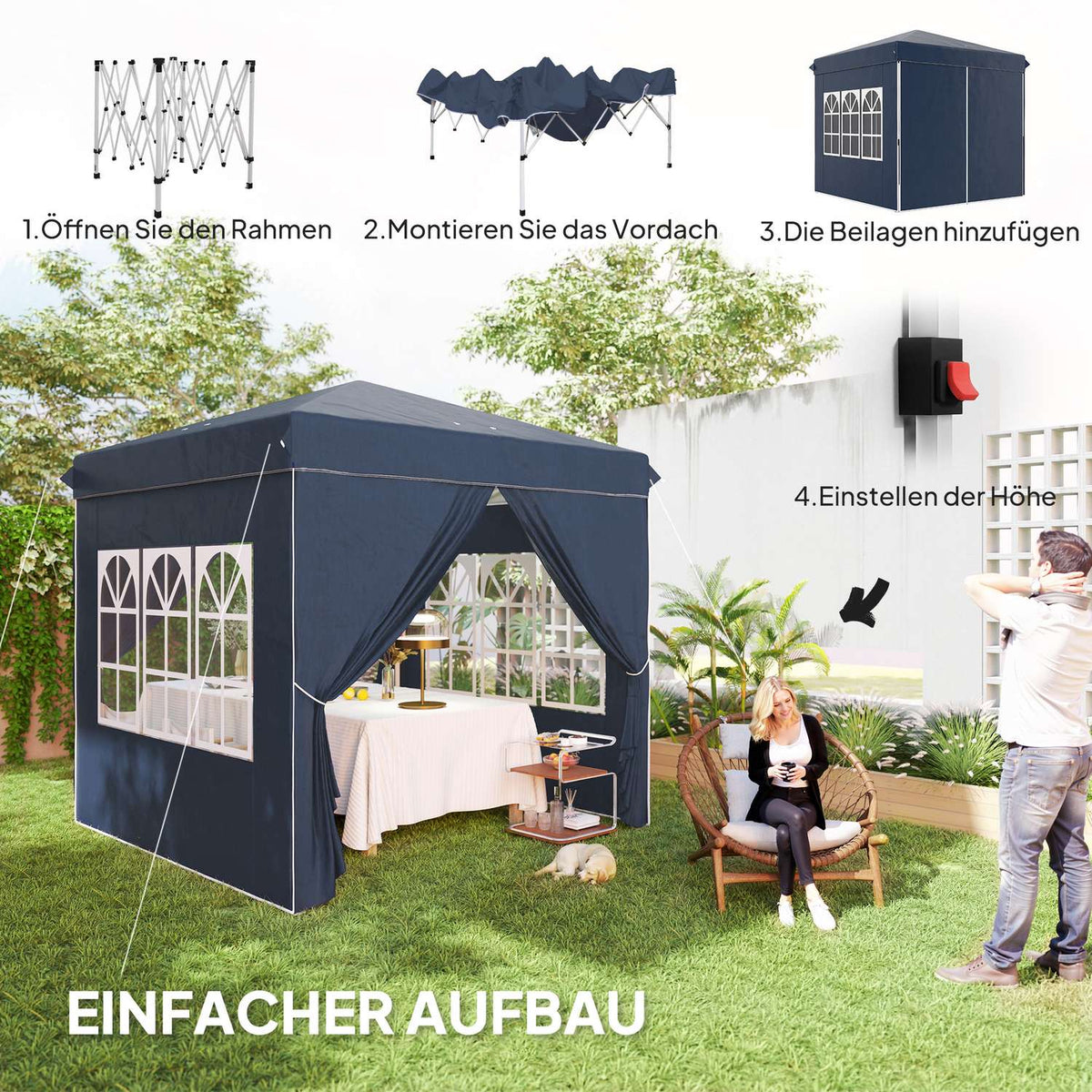Gazebo 2.5 x 2.5 m, water-repellent, stable, winter-proof pop-up folding gazebo, UV protection 50+, foldable party tent, garden tent with 4 side panels, pocket garden gazebo for camping, garden, dark blue