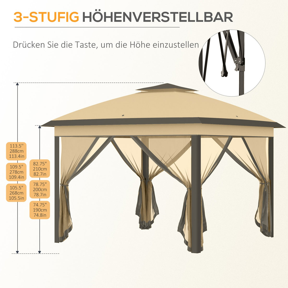Gazebo 3.3 x 3.3 m, water-repellent winter-proof pop-up folding gazebo with double roof, UV protection, foldable party tent garden tent with side panels, bag garden gazebo for camping garden, beige