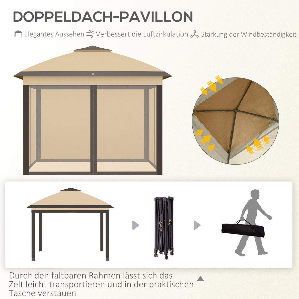 Gazebo 3.3 x 3.3 m, water-repellent winter-proof pop-up folding gazebo with double roof, UV protection, foldable party tent garden tent with side panels, bag garden gazebo for camping garden, beige