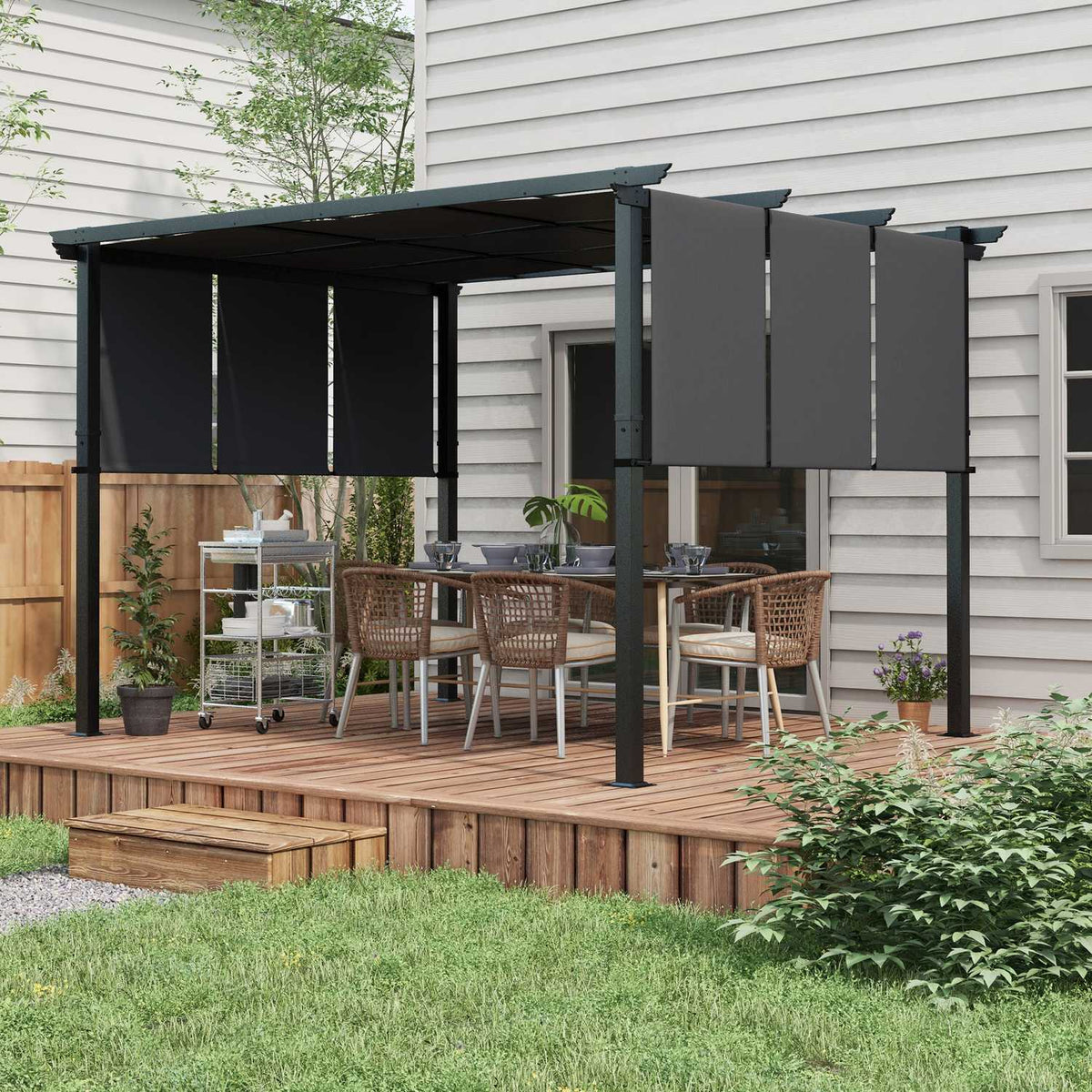 Gazebo 3.5x3m pergola with side wall, patio roof, dark gray, weatherproof for garden & terrace