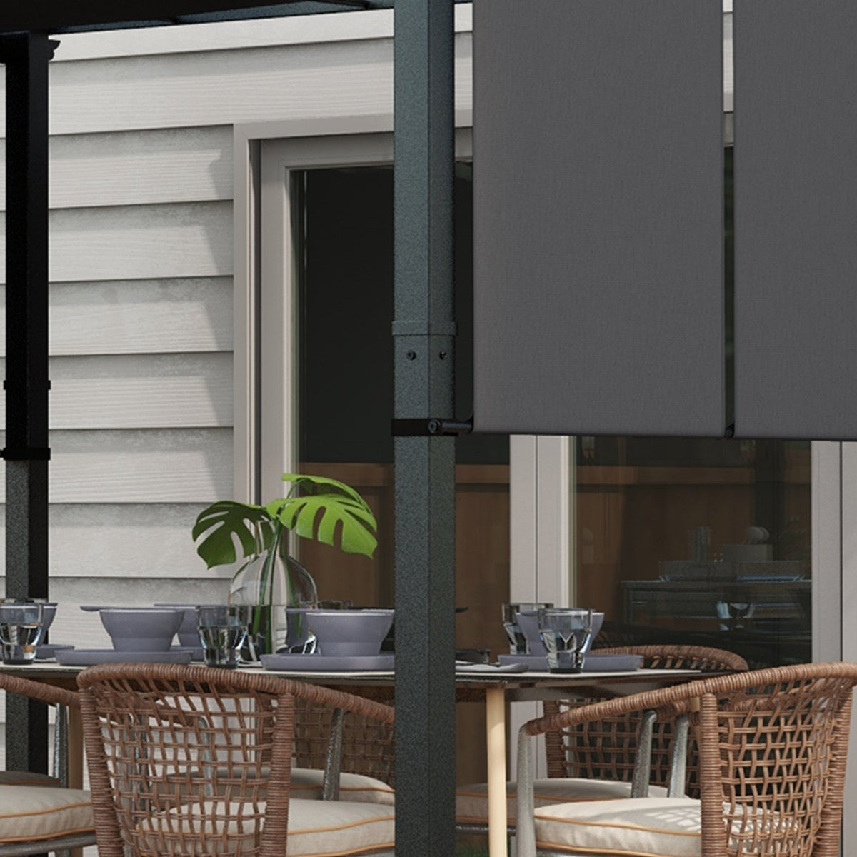 Gazebo 3.5x3m pergola with side wall, patio roof, dark gray, weatherproof for garden & terrace