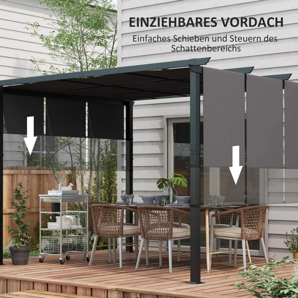 Gazebo 3.5x3m pergola with side wall, patio roof, dark gray, weatherproof for garden & terrace