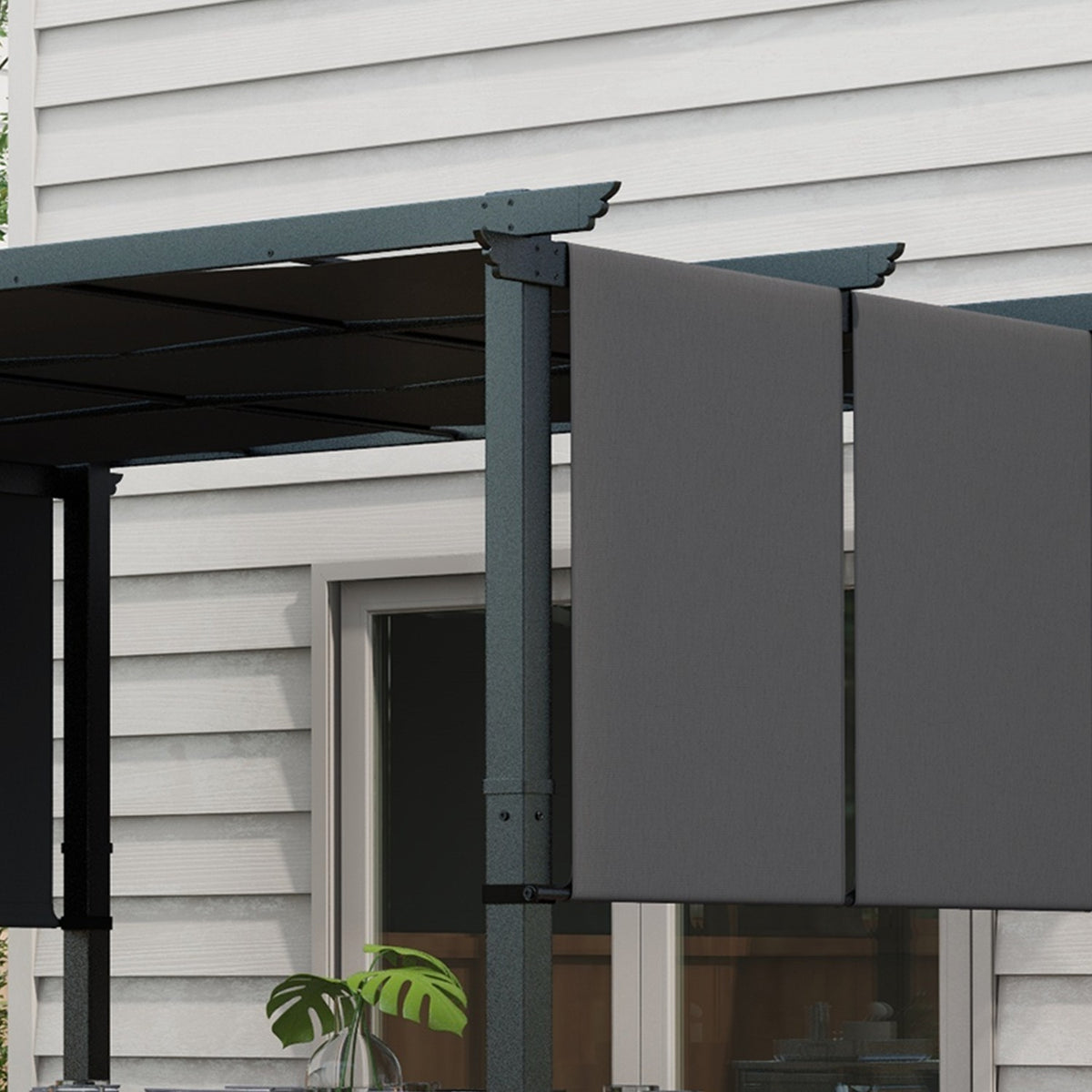 Gazebo 3.5x3m pergola with side wall, patio roof, dark gray, weatherproof for garden & terrace