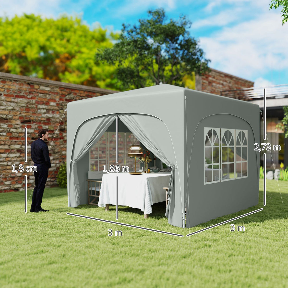 Gazebo 3x3m, water-repellent, stable, winter-proof pop-up folding gazebo, UV protection 50+, foldable party tent, garden tent with 4 side panels, pocket garden gazebo for camping, garden, light gray