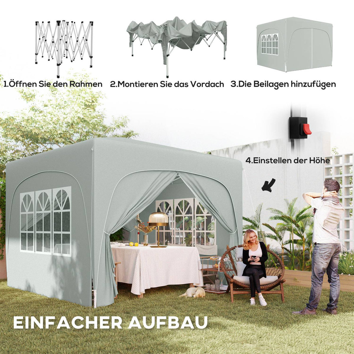 Gazebo 3x3m, water-repellent, stable, winter-proof pop-up folding gazebo, UV protection 50+, foldable party tent, garden tent with 4 side panels, pocket garden gazebo for camping, garden, light gray