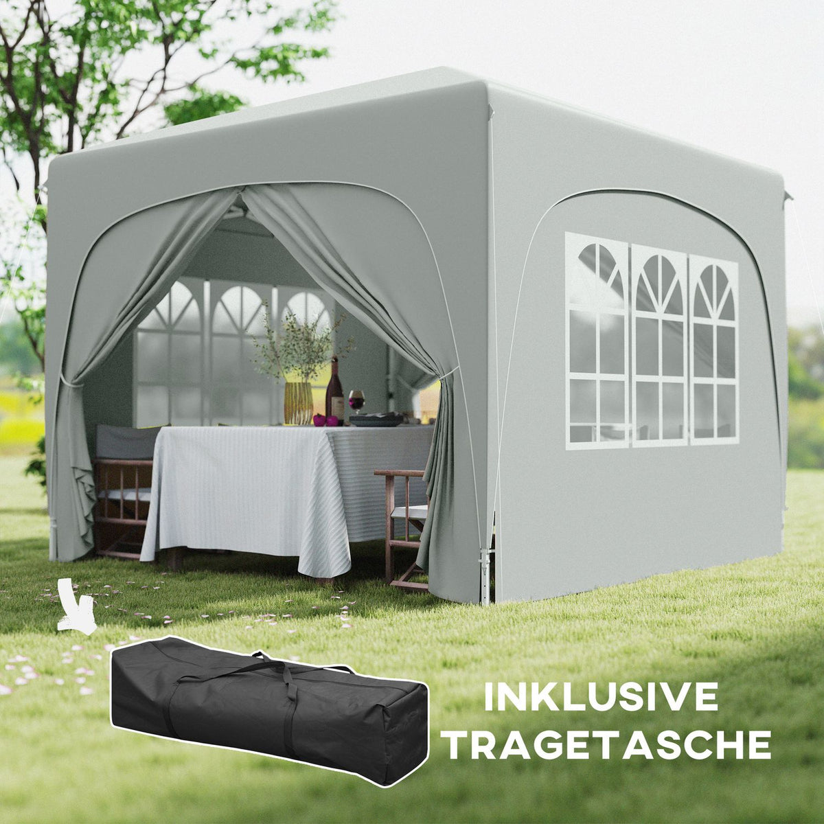 Gazebo 3x3m, water-repellent, stable, winter-proof pop-up folding gazebo, UV protection 50+, foldable party tent, garden tent with 4 side panels, pocket garden gazebo for camping, garden, light gray