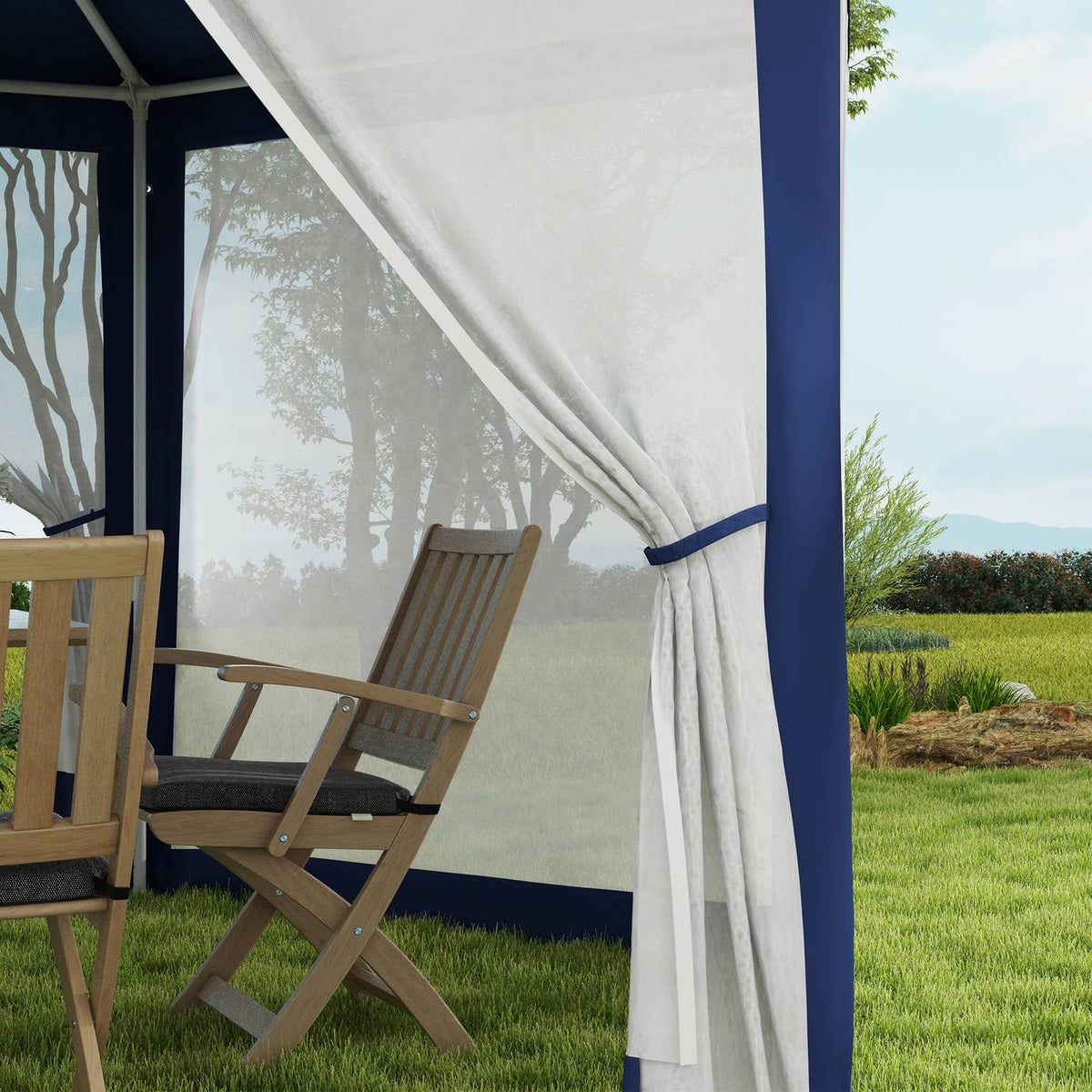 Gazebo 4x3m Hexagonal Water-Repellent Stable Winterproof Pavilion with Mosquito Net Party Tent Garden Tent with 6 Side Panels Garden Pavilion for Camping Garden Blue