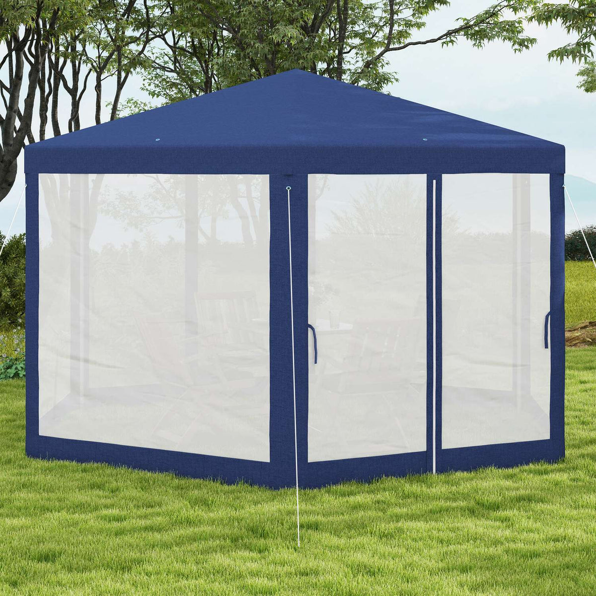 Gazebo 4x3m Hexagonal Water-Repellent Stable Winterproof Pavilion with Mosquito Net Party Tent Garden Tent with 6 Side Panels Garden Pavilion for Camping Garden Blue