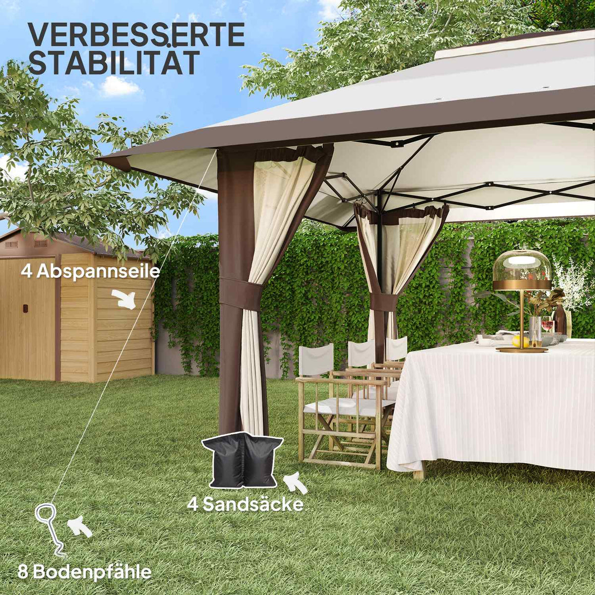 Gazebo 4x4m Waterproof Height Adjustable Pop-up Folding Gazebo with Mesh Walls UV 50+ Foldable Party Tent Garden Tent with Carry Bag Sandbags Garden Gazebo for Camping Garden Festival, Beige