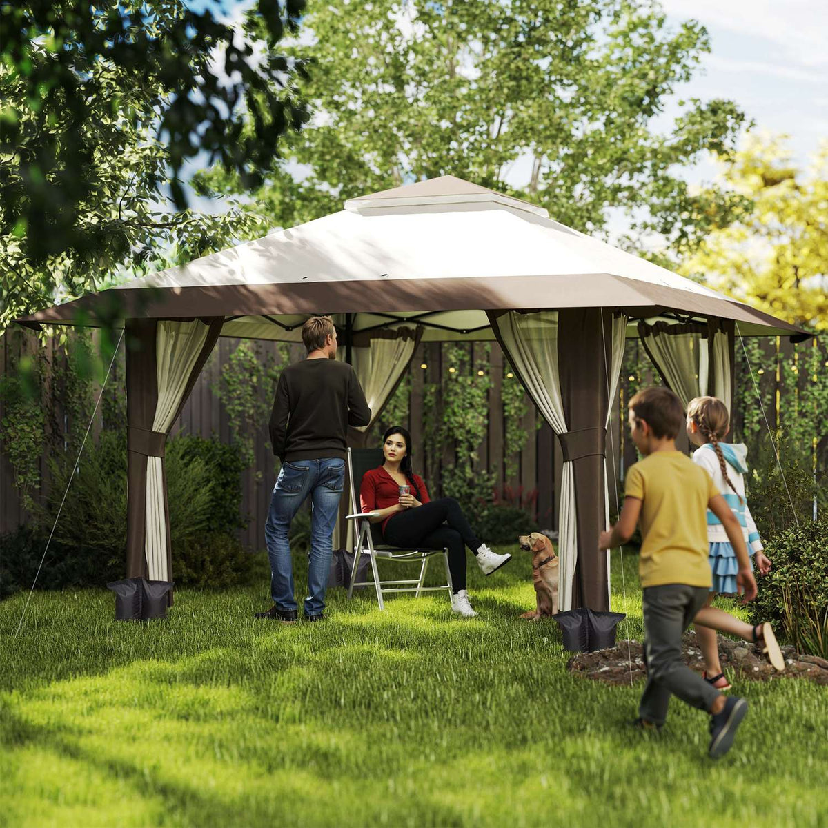 Gazebo 4x4m Waterproof Height Adjustable Pop-up Folding Gazebo with Mesh Walls UV 50+ Foldable Party Tent Garden Tent with Carry Bag Sandbags Garden Gazebo for Camping Garden Festival, Beige
