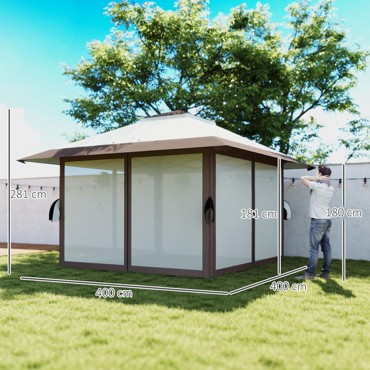 Gazebo 4x4m Waterproof Height Adjustable Pop-up Folding Gazebo with Mesh Walls UV 50+ Foldable Party Tent Garden Tent with Carry Bag Sandbags Garden Gazebo for Camping Garden Festival, Beige