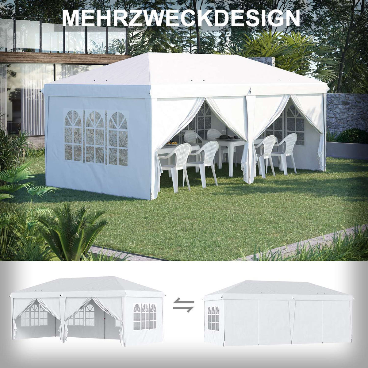 Gazebo 5.85 x 2.95 m garden pavilion foldable with UV protection, party tent incl. side walls & windows, zip doors, steel white