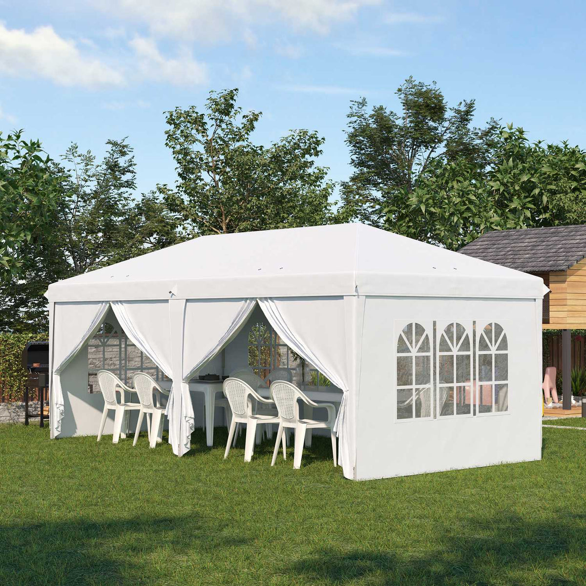 Gazebo 5.85 x 2.95 m garden pavilion foldable with UV protection, party tent incl. side walls & windows, zip doors, steel white