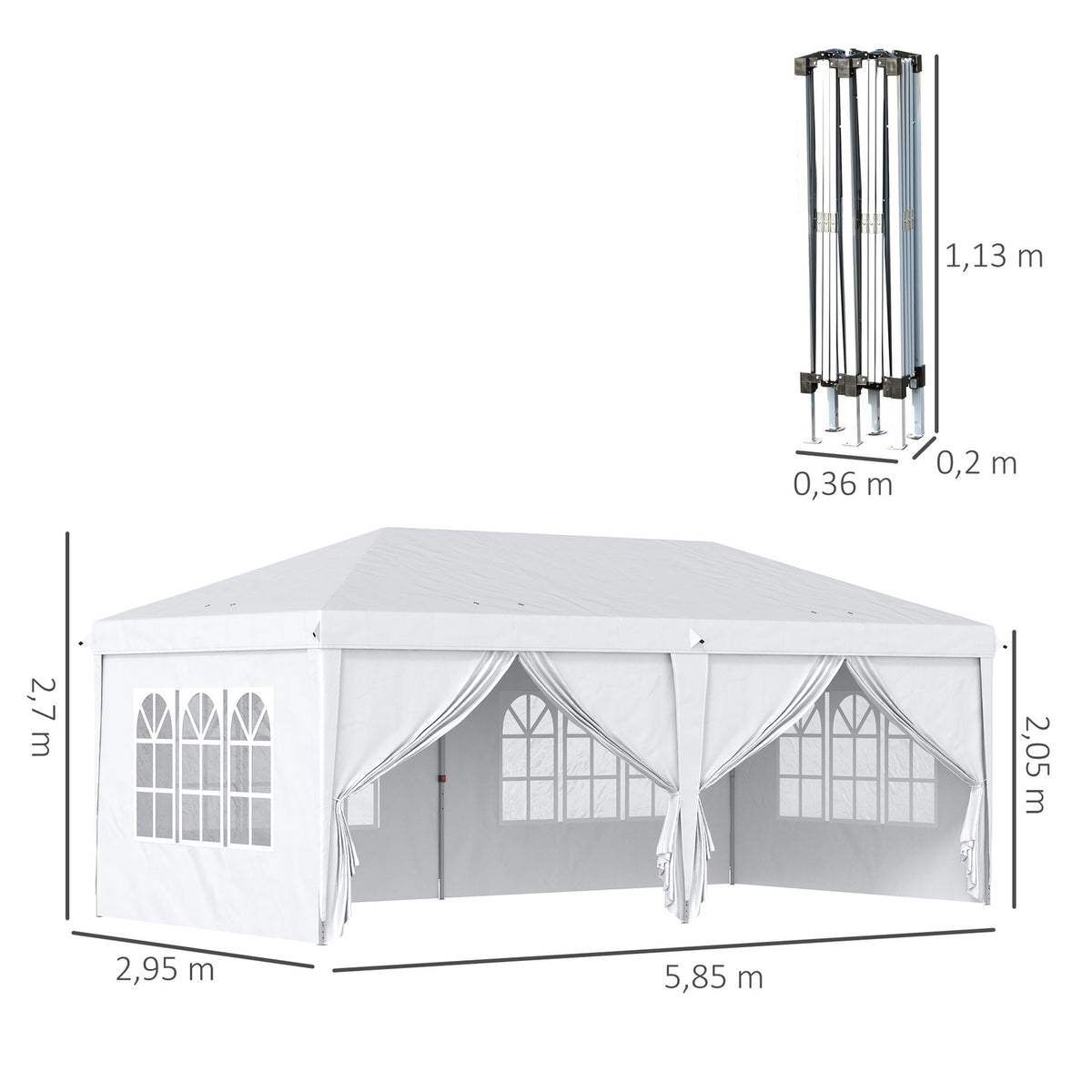 Gazebo 5.85 x 2.95 m garden pavilion foldable with UV protection, party tent incl. side walls & windows, zip doors, steel white