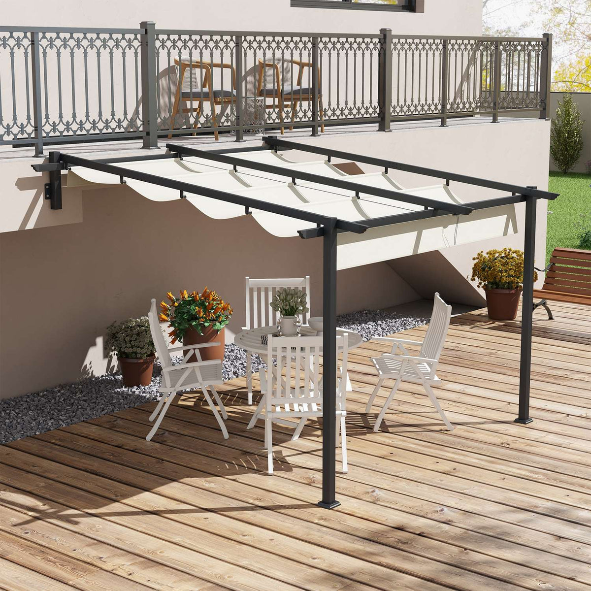 Gazebo Approx. 3 X 3 M Pergola Windproof Patio Canopy, Patio Roof Wall Mounted, Adjustable Roof, For Garden, Patio, Cream