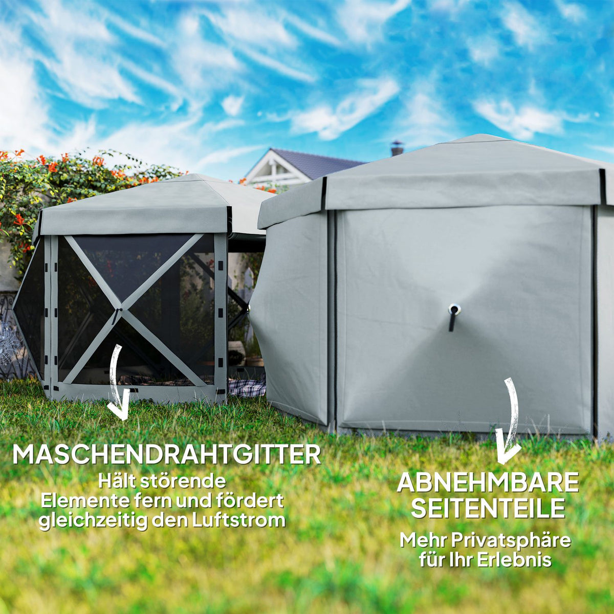 Gazebo Hexagonal Approx. 3.6x3m Waterproof Pop-up Folding Gazebo with 5 Side Panels Pocket Foldable Party Tent UV 30+ Winterproof Garden Tent Garden Gazebo for Camping Garden Festival Light Gray