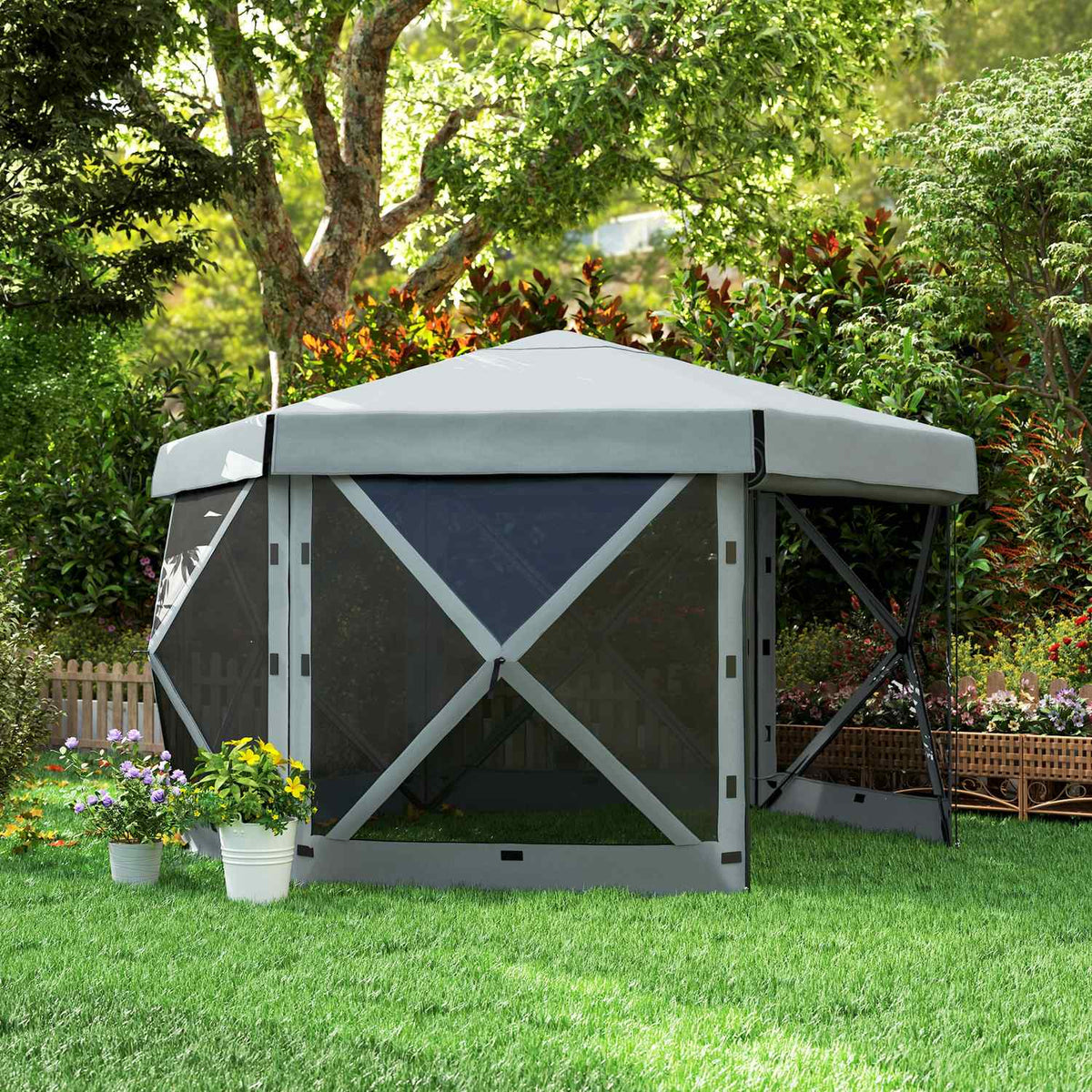 Gazebo Hexagonal Approx. 3.6x3m Waterproof Pop-up Folding Gazebo with 5 Side Panels Pocket Foldable Party Tent UV 30+ Winterproof Garden Tent Garden Gazebo for Camping Garden Festival Light Gray