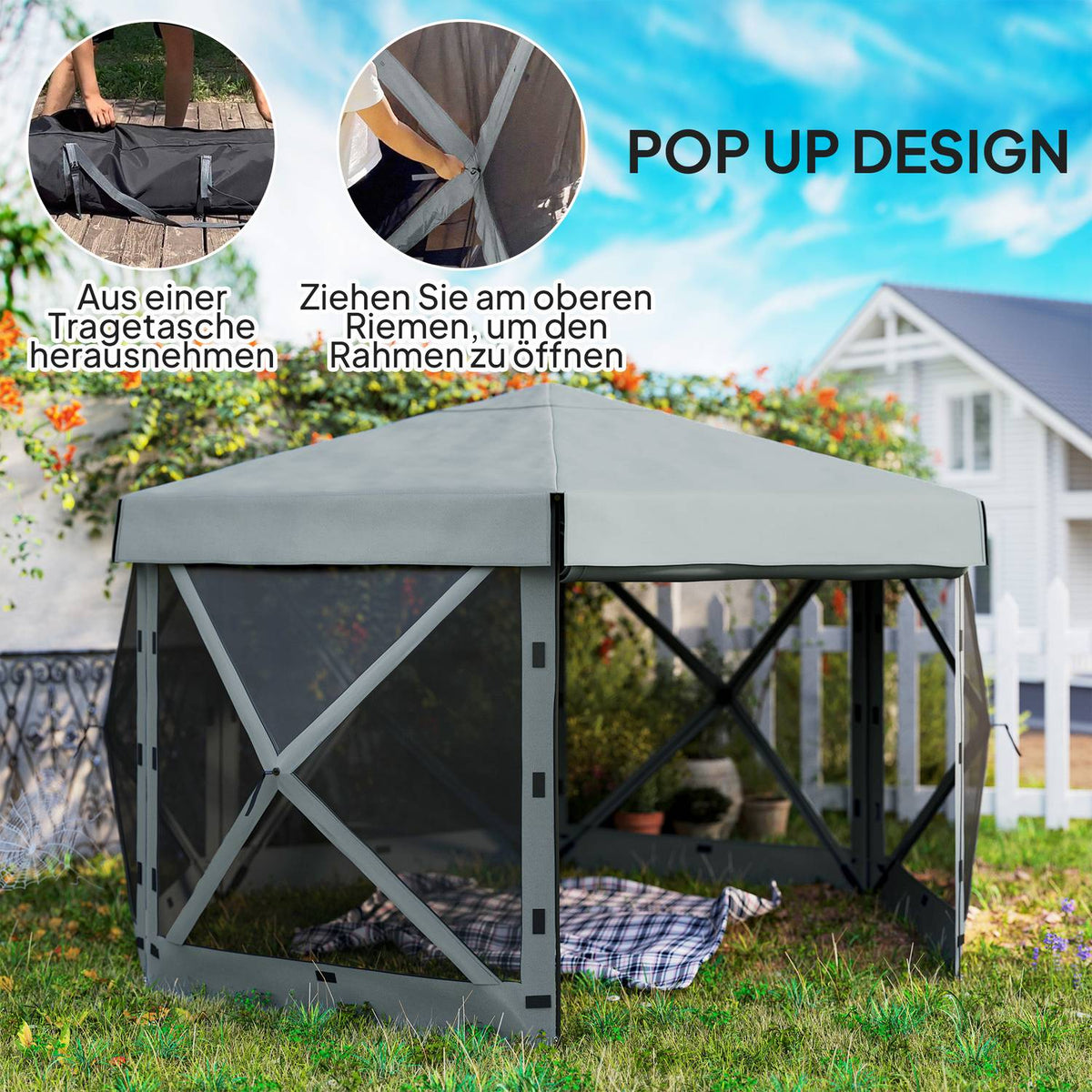 Gazebo Hexagonal Approx. 3.6x3m Waterproof Pop-up Folding Gazebo with 5 Side Panels Pocket Foldable Party Tent UV 30+ Winterproof Garden Tent Garden Gazebo for Camping Garden Festival Light Gray