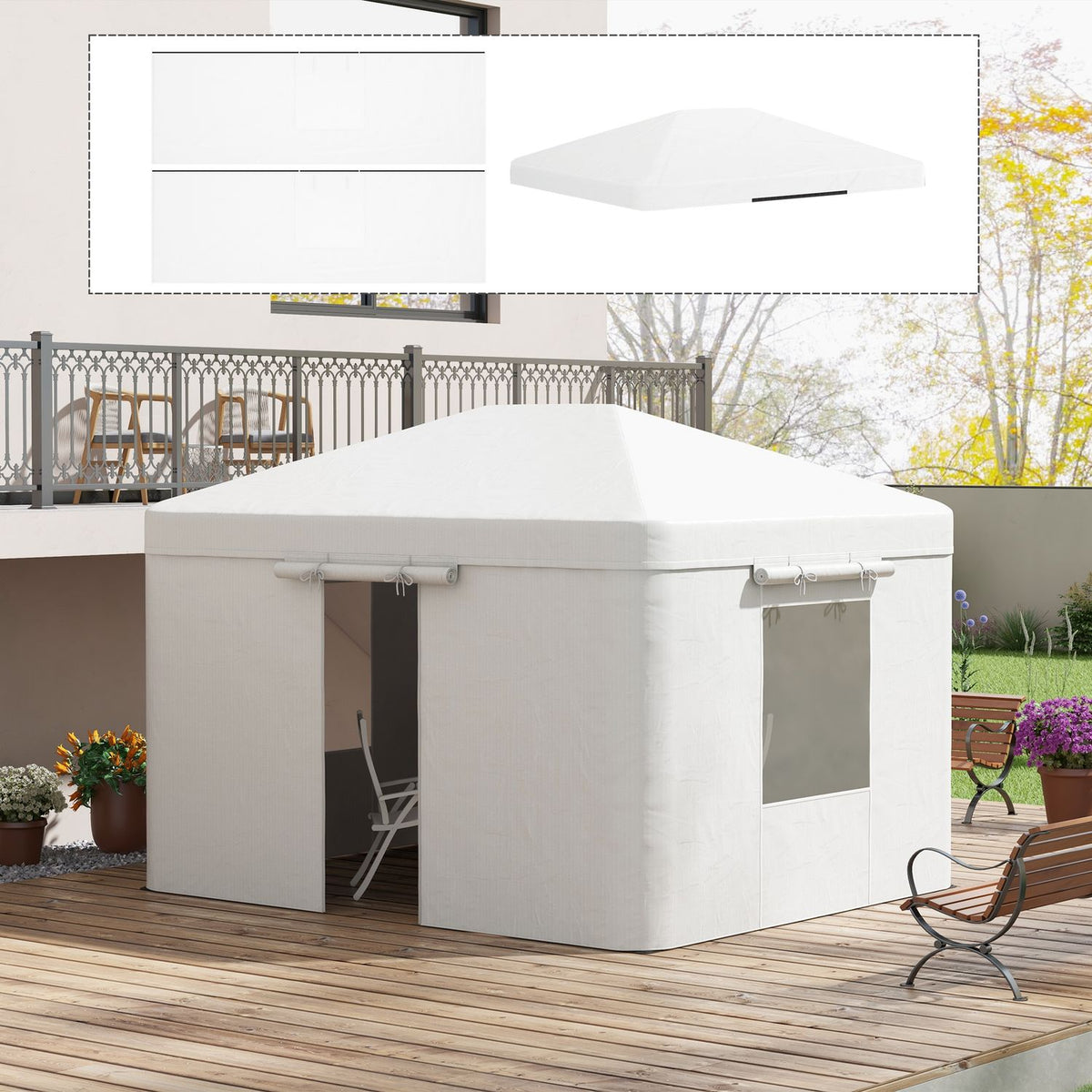 Gazebo Replacement Roof Set Waterproof Roof With 2 Side Walls For Garden Gazebo, White