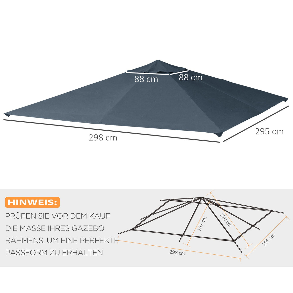 Gazebo Roof 3X3M Replacement Roof For Gazebo, Pavilion Cover, Sun Protection, Polyester, Dark Grey