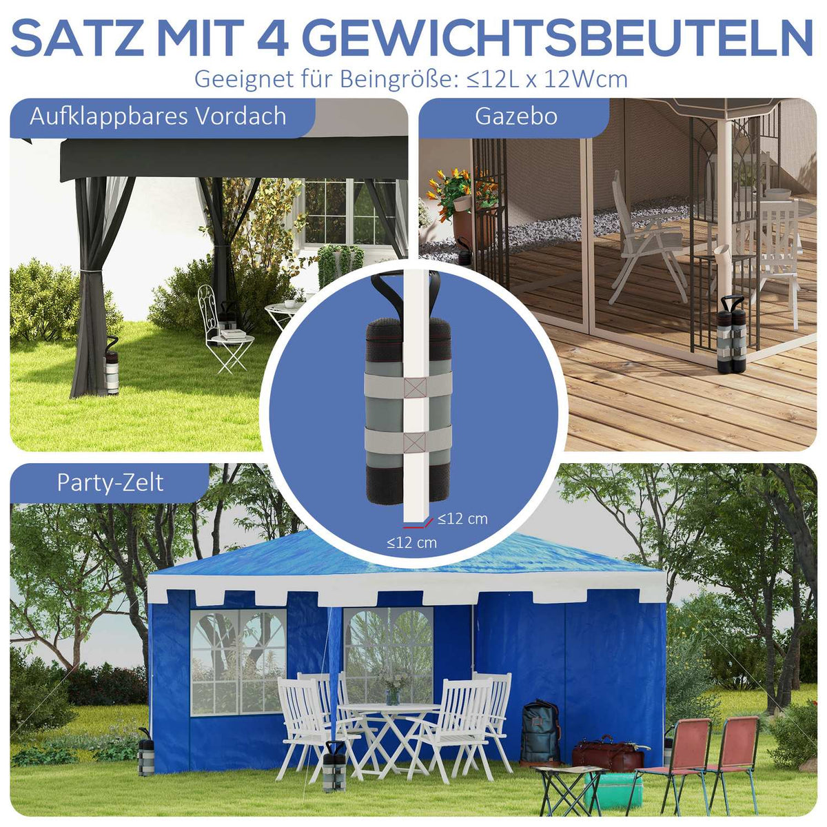 Gazebo Sandbags Set Of 4 Robust Weights For Pop Up Gazebo, Oxford Fabric, Gray + Black, With Handle
