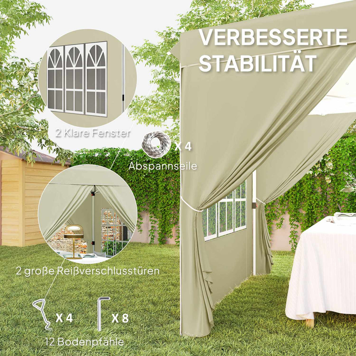 Gazebo approx. 2.5 x 2.5 m, water-repellent, stable, winter-proof pop-up folding gazebo, UV protection 50+, foldable party tent, garden tent with 4 side panels, pocket garden gazebo for camping, garden, cream white