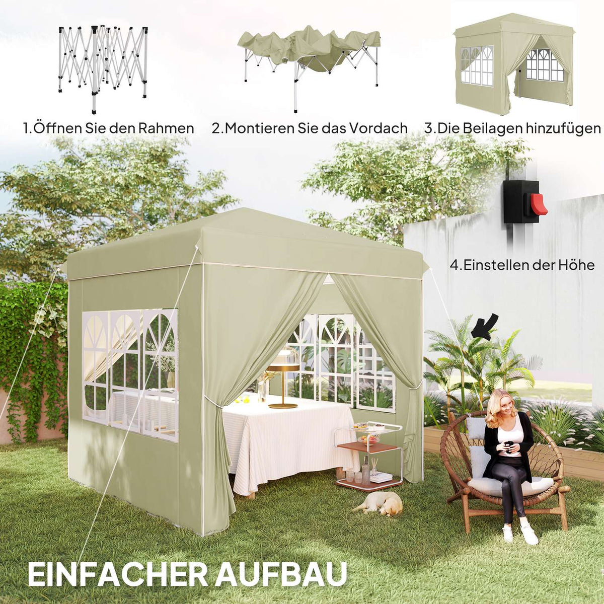 Gazebo approx. 2.5 x 2.5 m, water-repellent, stable, winter-proof pop-up folding gazebo, UV protection 50+, foldable party tent, garden tent with 4 side panels, pocket garden gazebo for camping, garden, cream white