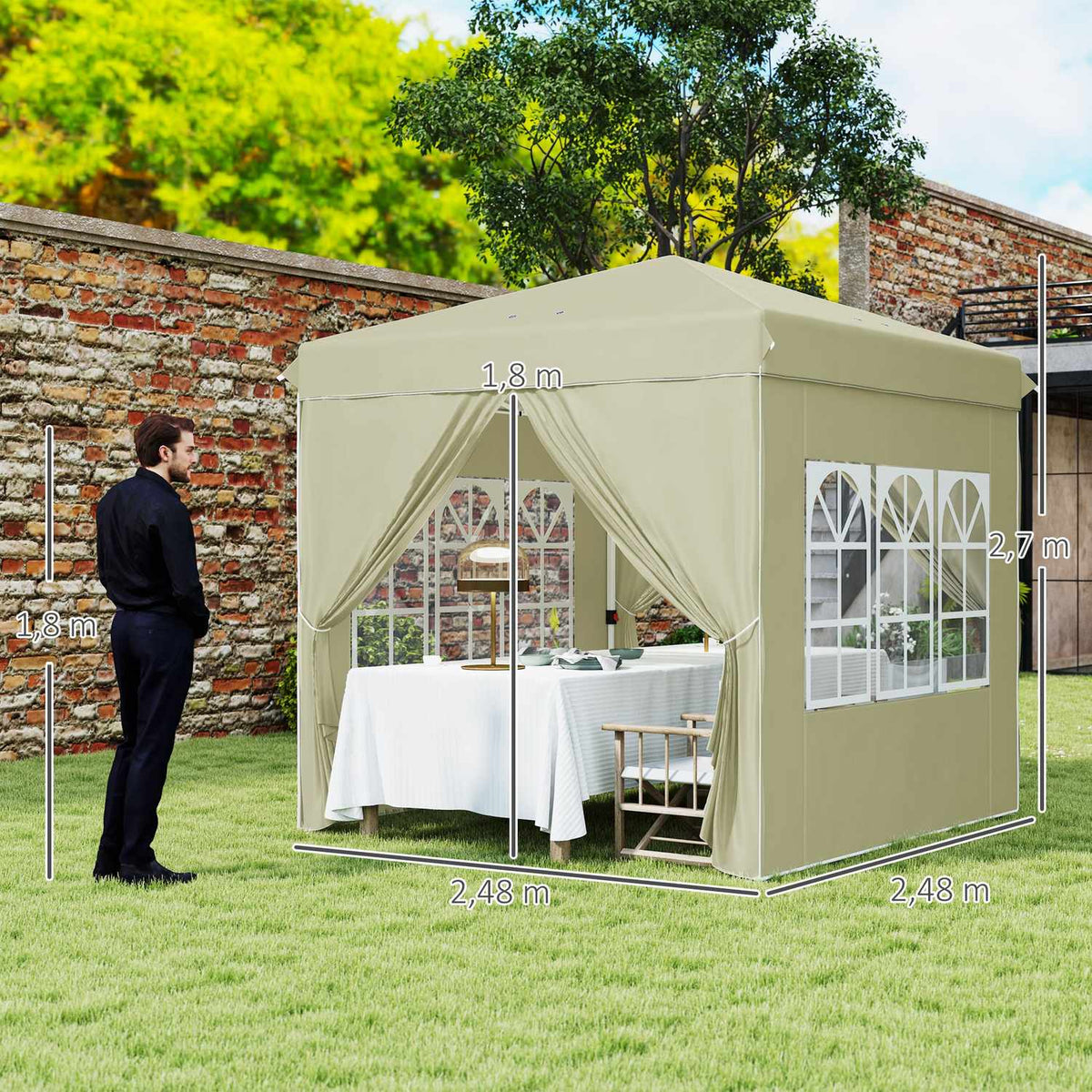 Gazebo approx. 2.5 x 2.5 m, water-repellent, stable, winter-proof pop-up folding gazebo, UV protection 50+, foldable party tent, garden tent with 4 side panels, pocket garden gazebo for camping, garden, cream white