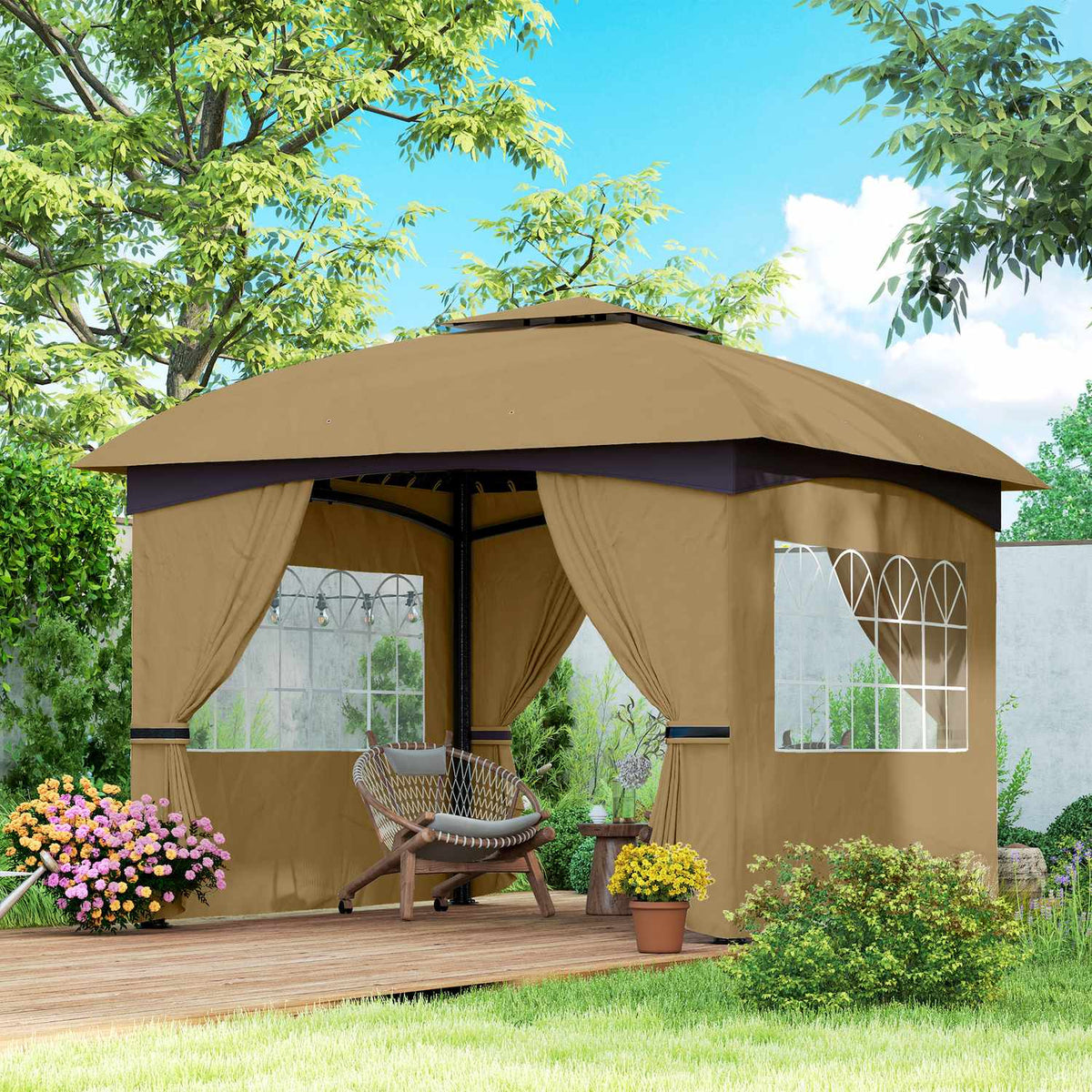 Gazebo approx. 3.4x3.4 m water-repellent garden pavilion with 4 side panels, double roof, party tent with UV protection garden tent with galvanized metal frame, for garden beige
