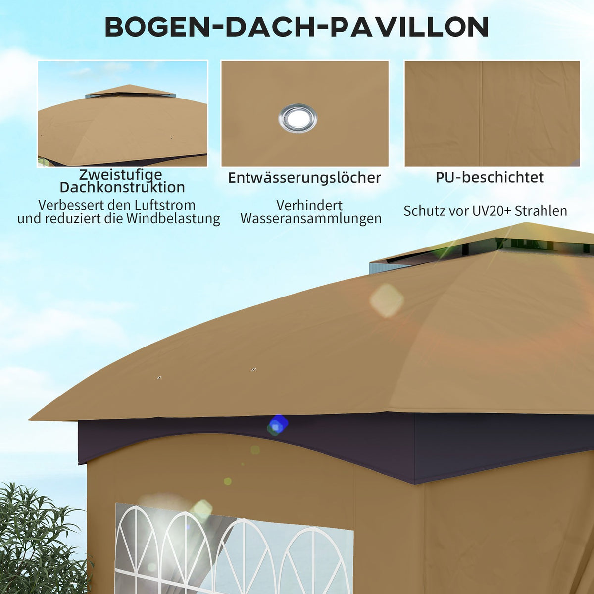 Gazebo approx. 3.4x3.4 m water-repellent garden pavilion with 4 side panels, double roof, party tent with UV protection garden tent with galvanized metal frame, for garden beige