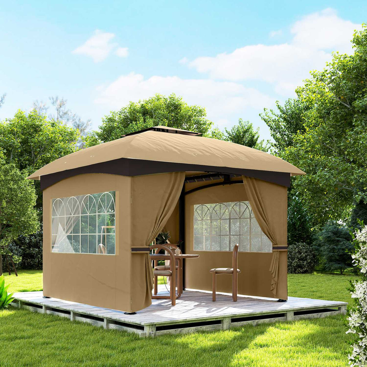 Gazebo approx. 3.4x3.4 m water-repellent garden pavilion with 4 side panels, double roof, party tent with UV protection garden tent with galvanized metal frame, for garden beige