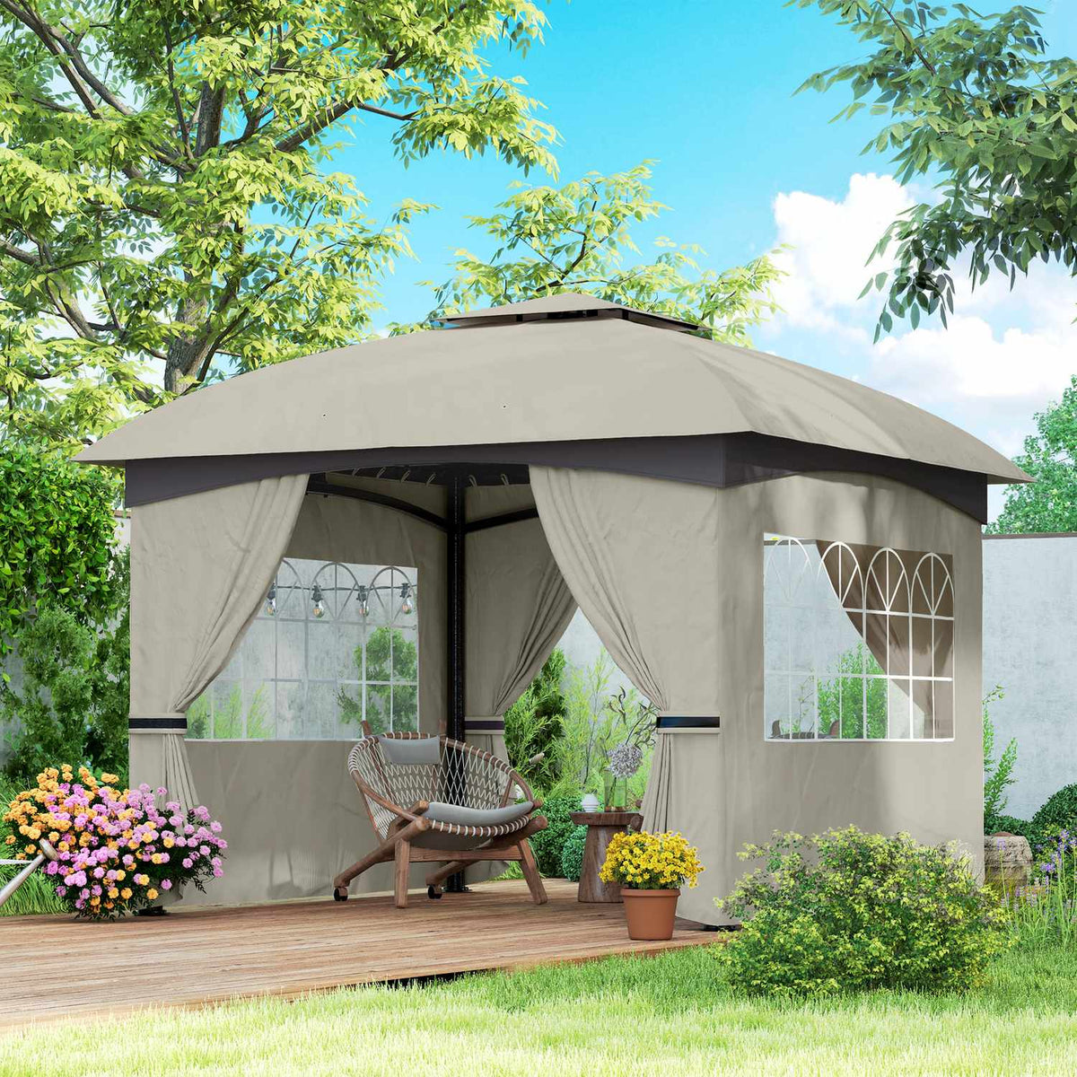 Gazebo approx. 3.4x3.4 m water-repellent garden pavilion with 4 side panels, double roof, party tent with UV protection garden tent with galvanized metal frame, for garden light gray