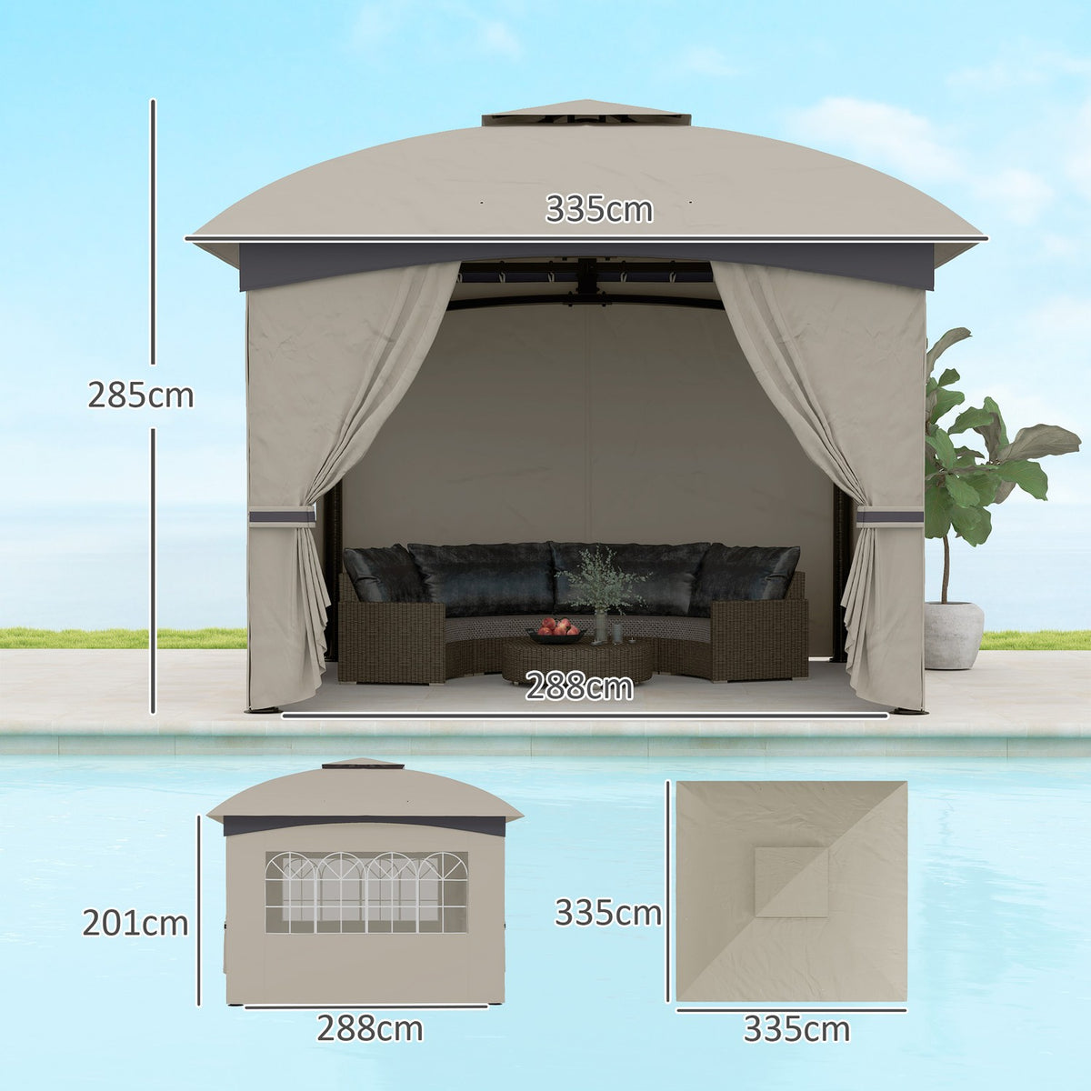 Gazebo approx. 3.4x3.4 m water-repellent garden pavilion with 4 side panels, double roof, party tent with UV protection garden tent with galvanized metal frame, for garden light gray