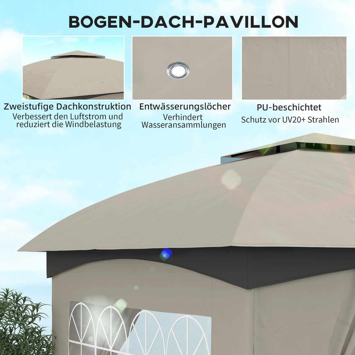 Gazebo approx. 3.4x3.4 m water-repellent garden pavilion with 4 side panels, double roof, party tent with UV protection garden tent with galvanized metal frame, for garden light gray
