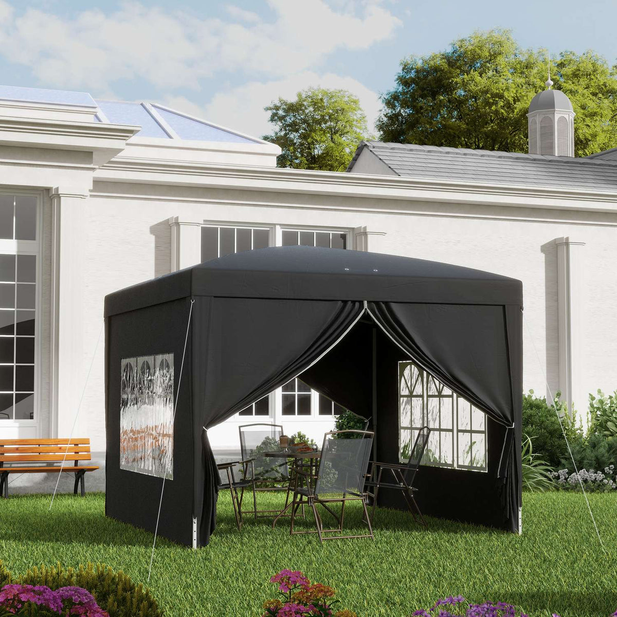 Gazebo approx. 3x3m, water-repellent, stable, winter-proof pop-up folding gazebo, UV protection 50+, foldable party tent, garden tent with 4 side panels, pocket garden gazebo for camping, garden, black