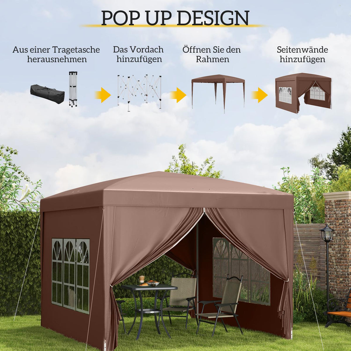 Gazebo approx. 3x3m, water-repellent, stable, winter-proof pop-up folding gazebo, UV protection 50+, foldable party tent, garden tent with 4 side panels, pocket garden gazebo for camping, garden, coffee
