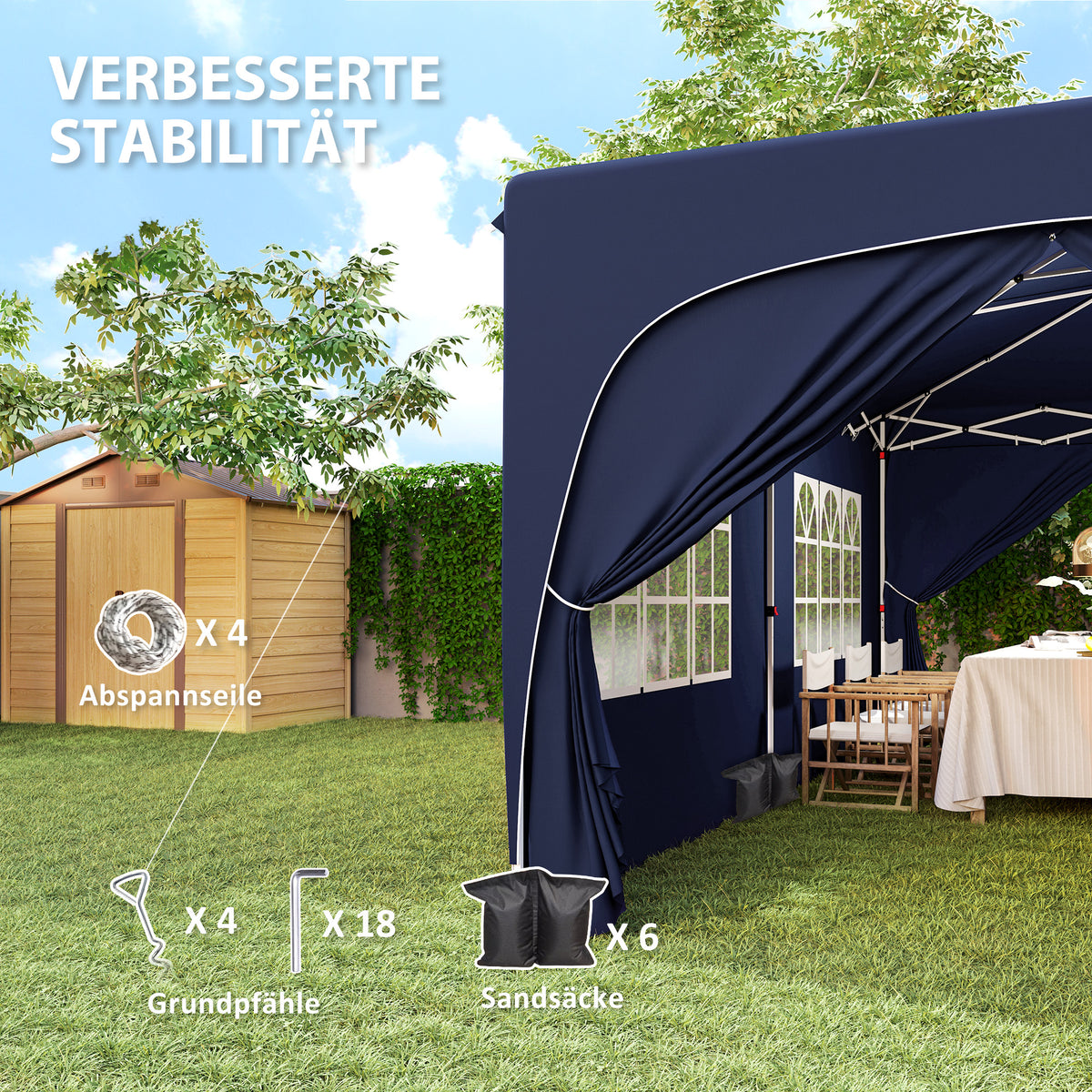 Gazebo approx. 3x6m, water-repellent, stable, winter-proof pop-up folding gazebo, UV protection 50+, foldable party tent, garden tent with 6 side panels, pocket garden gazebo for camping, garden, dark blue