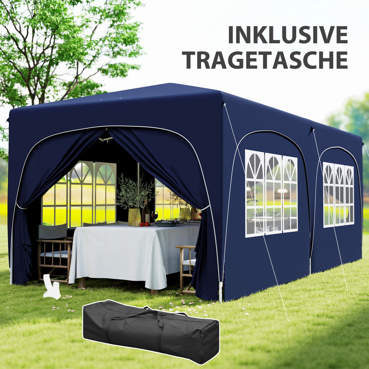 Gazebo approx. 3x6m, water-repellent, stable, winter-proof pop-up folding gazebo, UV protection 50+, foldable party tent, garden tent with 6 side panels, pocket garden gazebo for camping, garden, dark blue