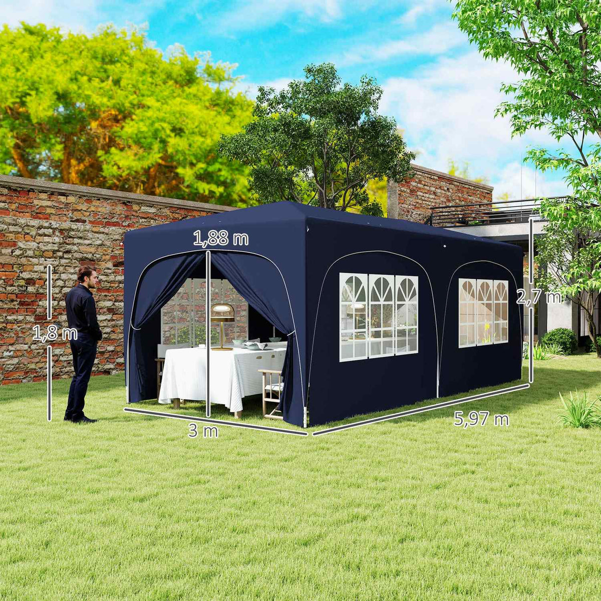 Gazebo approx. 3x6m, water-repellent, stable, winter-proof pop-up folding gazebo, UV protection 50+, foldable party tent, garden tent with 6 side panels, pocket garden gazebo for camping, garden, dark blue