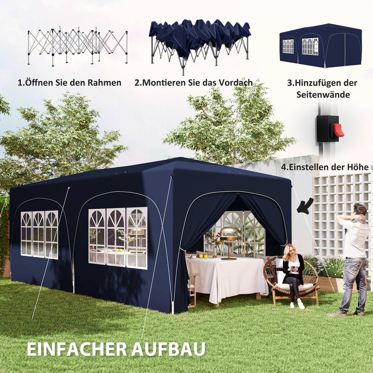 Gazebo approx. 3x6m, water-repellent, stable, winter-proof pop-up folding gazebo, UV protection 50+, foldable party tent, garden tent with 6 side panels, pocket garden gazebo for camping, garden, dark blue